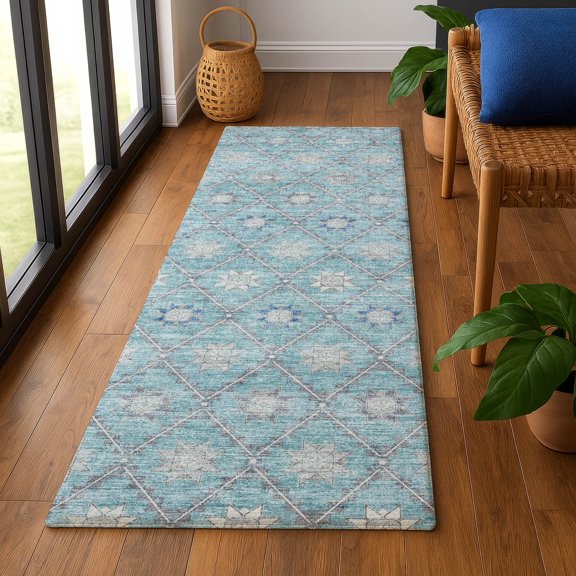 Addison Rugs Mayfield Premium Machine Washable Transitional Lattice Teal Runner Rug, 2'3" x 7'6"