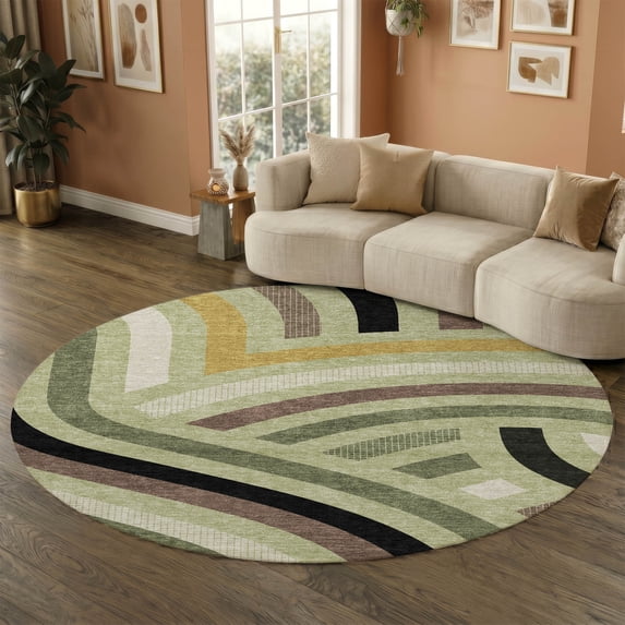 Addison Rugs Mayfield Premium Machine Washable Transitional Mid-century Modern Celery Round Rug, 8' x 8'