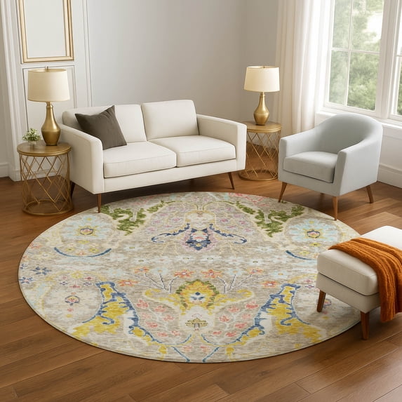 Addison Rugs Mayfield Premium Machine Washable Transitional Modern Beige Round Rug, 8' x 8'