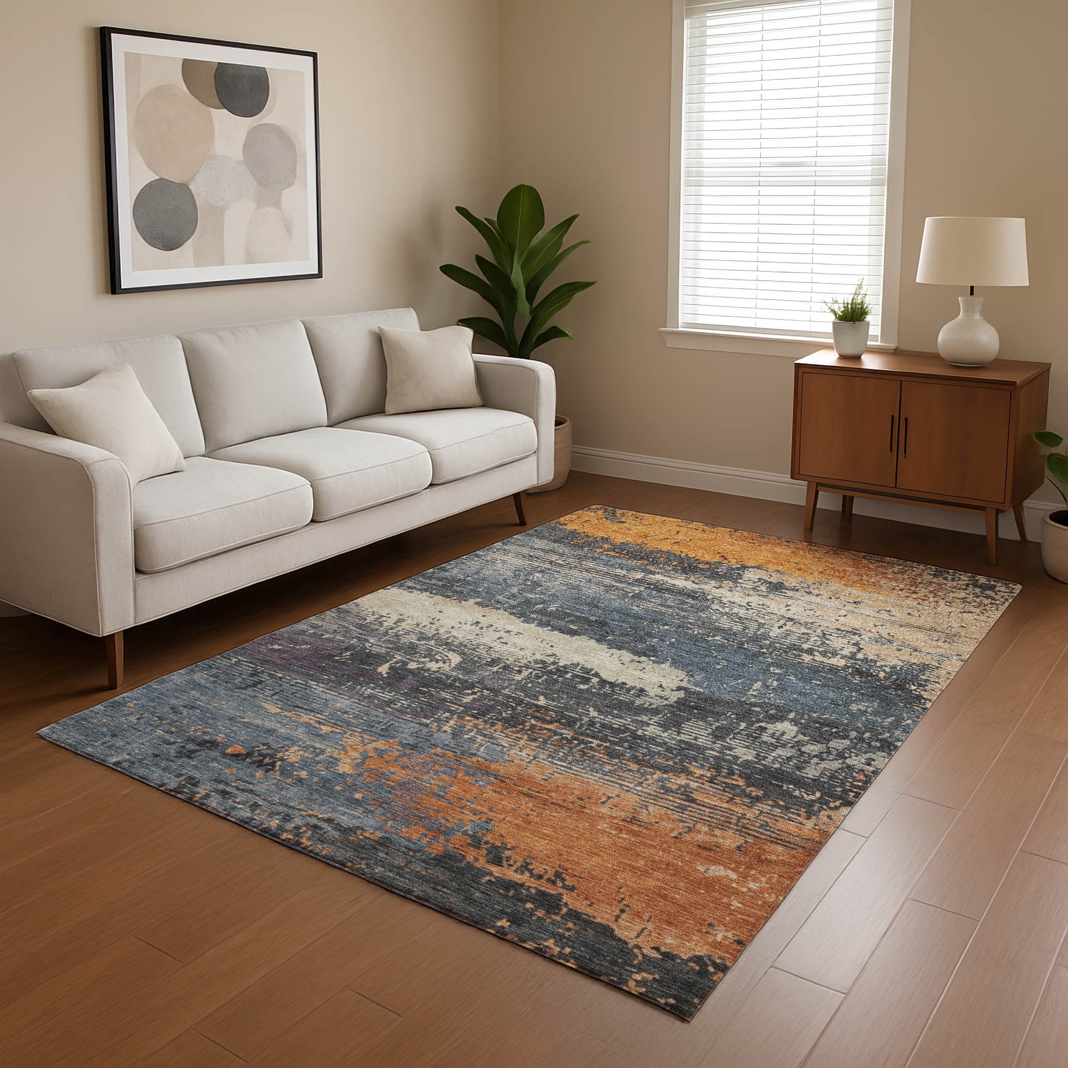 Blue Rectangular Rug With Rust Edge Addison Rugs Mayfield Premium Machine Washable Transitional Modern Blue ...