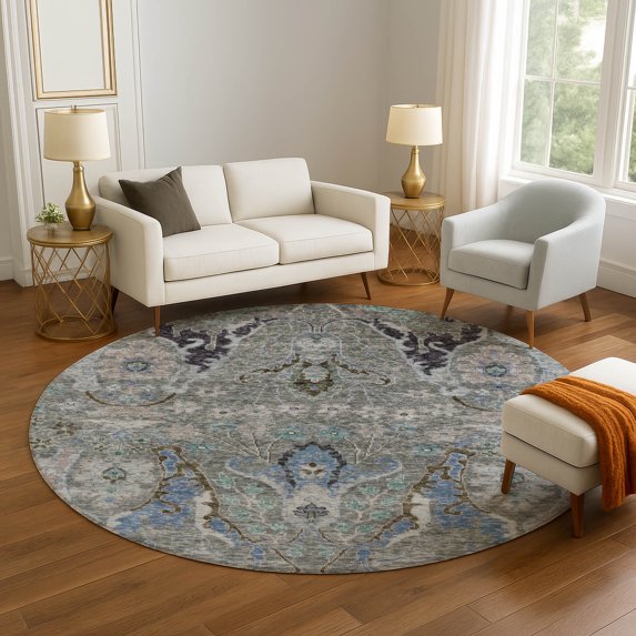 Addison Rugs Mayfield Premium Machine Washable Transitional Modern Pewter Round Rug, 8' x 8'