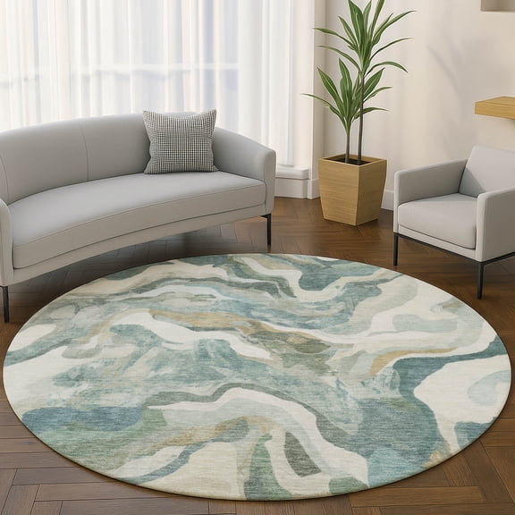 Addison Rugs Mayfield Premium Machine Washable Transitional Modern Teal Round Rug, 8' x 8'
