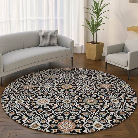 Addison Rugs Mayfield Premium Machine Washable Transitional Panel Black Round Rug, 8' x 8'