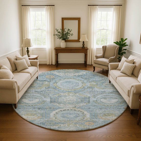 Addison Rugs Mayfield Premium Machine Washable Transitional Panel Blue Round Rug, 8' x 8'