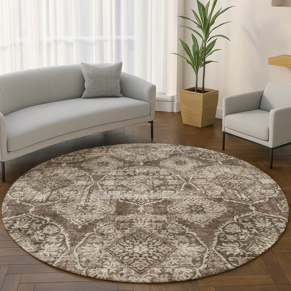 Addison Rugs Mayfield Premium Machine Washable Transitional Panel Chocolate Round Rug, 8' x 8'