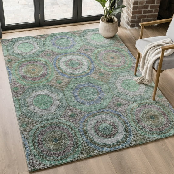 Addison Rugs Mayfield Premium Machine Washable Transitional Panel Green Rectangle Rug, 5' x 7'6"