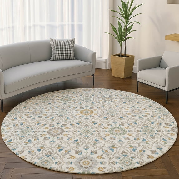 Addison Rugs Mayfield Premium Machine Washable Transitional Panel Ivory Round Rug, 8' x 8'