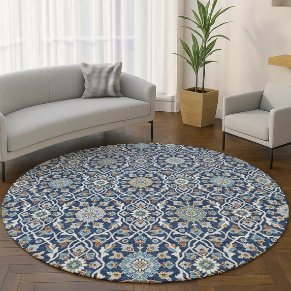 Addison Rugs Mayfield Premium Machine Washable Transitional Panel Navy Round Rug, 8' x 8'