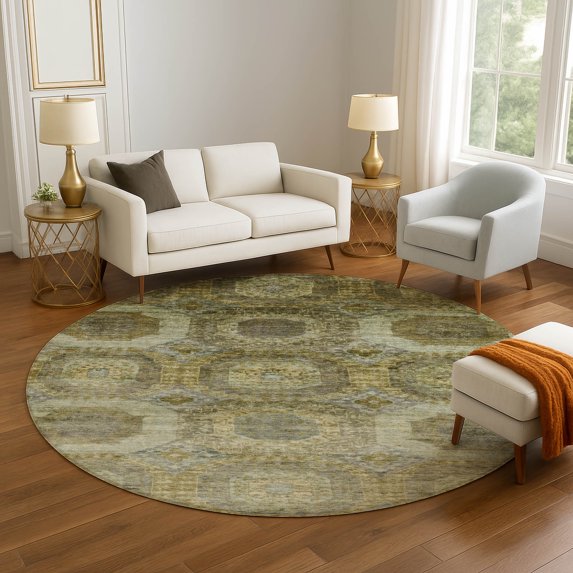 Addison Rugs Mayfield Premium Machine Washable Transitional Panels Gold Round Rug, 8' x 8'