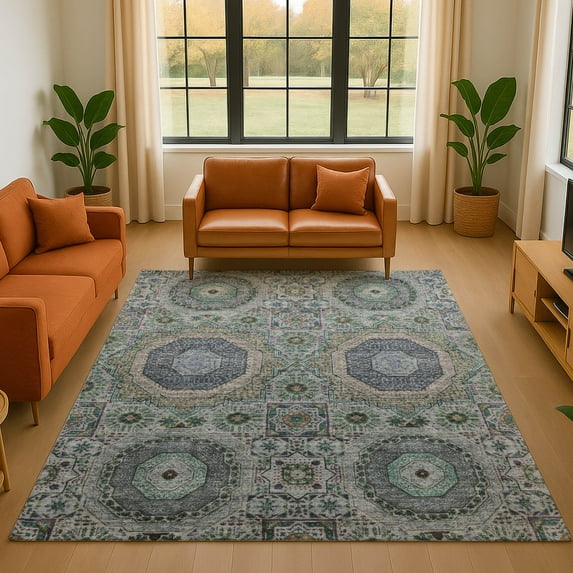 Addison Rugs Mayfield Premium Machine Washable Transitional Panels Green Rectangle Rug, 3' x 5'