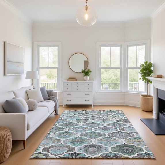 Addison Rugs Mayfield Premium Machine Washable Transitional Panels Teal Rectangle Rug, 10' x 14'