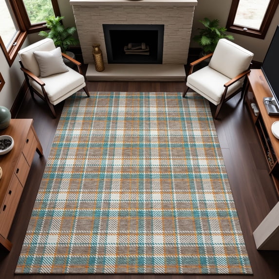 Addison Rugs Mayfield Premium Machine Washable Transitional Plaid Taupe Rectangle Rug, 5' x 7'6"