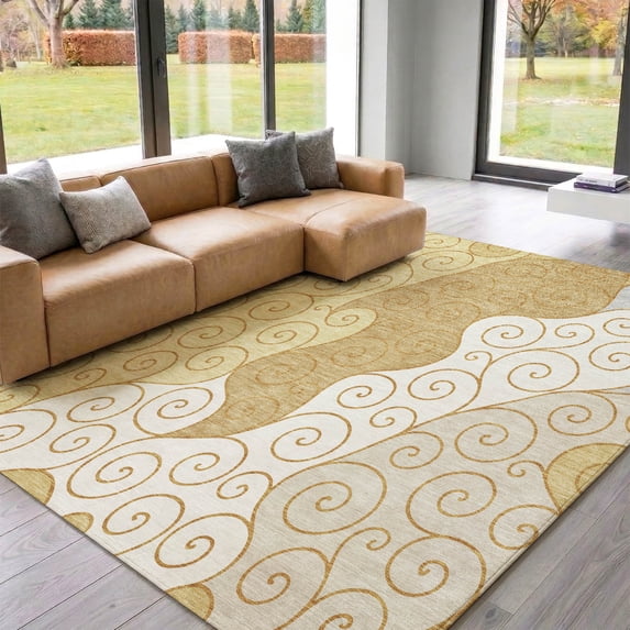 Addison Rugs Mayfield Premium Machine Washable Transitional Spiral Gold Rectangle Rug, 8' x 10'