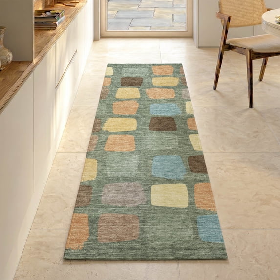 Addison Rugs Mayfield Premium Machine Washable Transitional Squares Basil Runner Rug, 2'3" x 7'6"