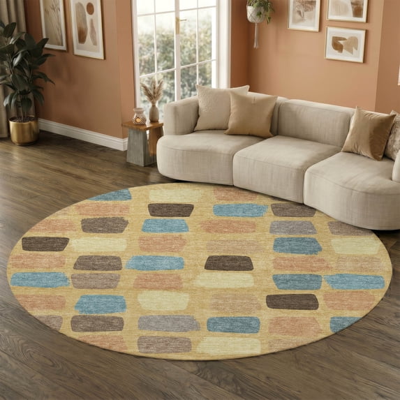 Addison Rugs Mayfield Premium Machine Washable Transitional Squares Gold Round Rug, 8' x 8'