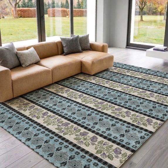 Addison Rugs Mayfield Premium Machine Washable Transitional Stripes Aqua Rectangle Rug, 3' x 5'