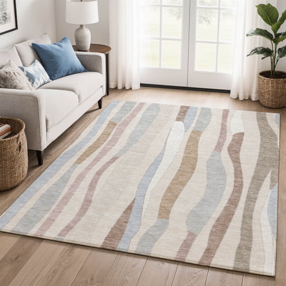 Addison Rugs Mayfield Premium Machine Washable Transitional Stripes Beige Rectangle Rug, 10' x 14'