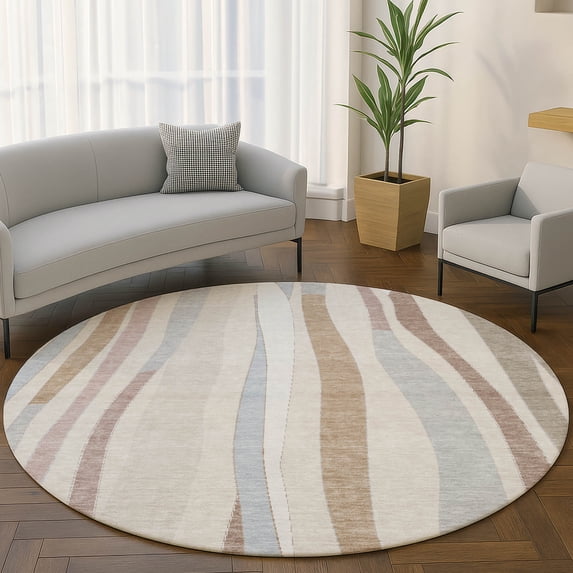 Addison Rugs Mayfield Premium Machine Washable Transitional Stripes Beige Round Rug, 8' x 8'