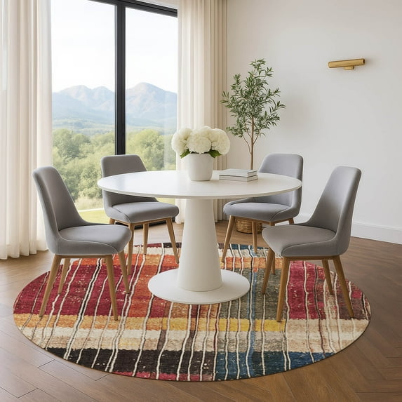 Addison Rugs Mayfield Premium Machine Washable Transitional Stripes Beige Round Rug, 8' x 8'
