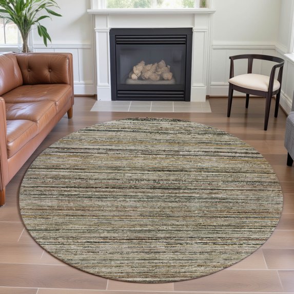 Addison Rugs Mayfield Premium Machine Washable Transitional Stripes Beige Round Rug, 8' x 8'