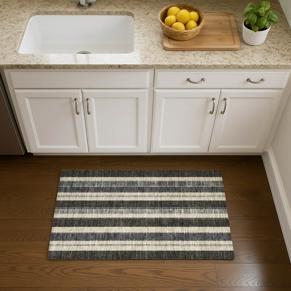 Addison Rugs Mayfield Premium Machine Washable Transitional Stripes Black Rectangle Rug, 1'8" x 2'6"
