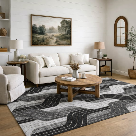 Addison Rugs Mayfield Premium Machine Washable Transitional Stripes Black Rectangle Rug, 10' x 14'