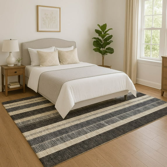 Addison Rugs Mayfield Premium Machine Washable Transitional Stripes Black Rectangle Rug, 3' x 5'