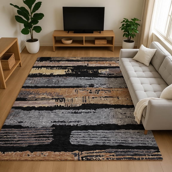 Addison Rugs Mayfield Premium Machine Washable Transitional Stripes Black Rectangle Rug, 5' x 7'6"