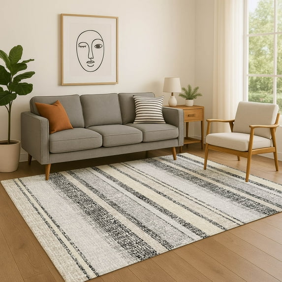 Addison Rugs Mayfield Premium Machine Washable Transitional Stripes Black Rectangle Rug, 8' X 10' Machine Washable Transitional Stripes Black Oversized Sherpa Throw Blanket