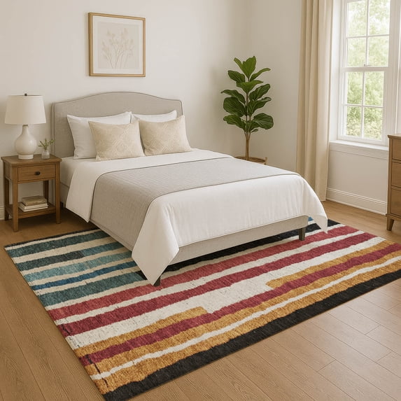 Addison Rugs Mayfield Premium Machine Washable Transitional Stripes Black Rectangle Rug, 9' x 12'