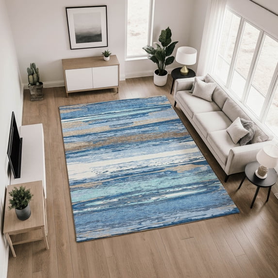 Addison Rugs Mayfield Premium Machine Washable Transitional Stripes Blue Rectangle Rug, 10' x 14'