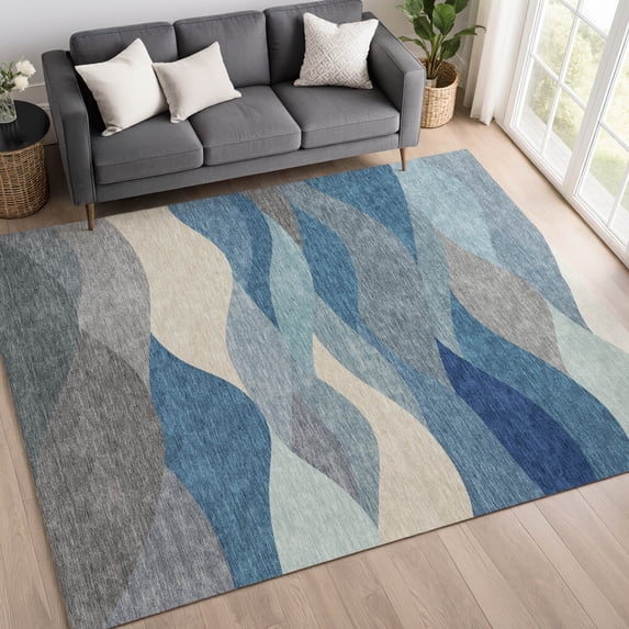 Addison Rugs Mayfield Premium Machine Washable Transitional Stripes Blue Rectangle Rug, 3' x 5'