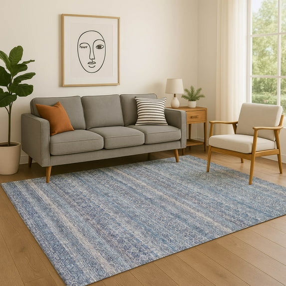 Addison Rugs Mayfield Premium Machine Washable Transitional Stripes Blue Rectangle Rug, 5' X 7'6" Machine Washable Transitional Stripes Blue Oversized Sherpa Throw Blanket