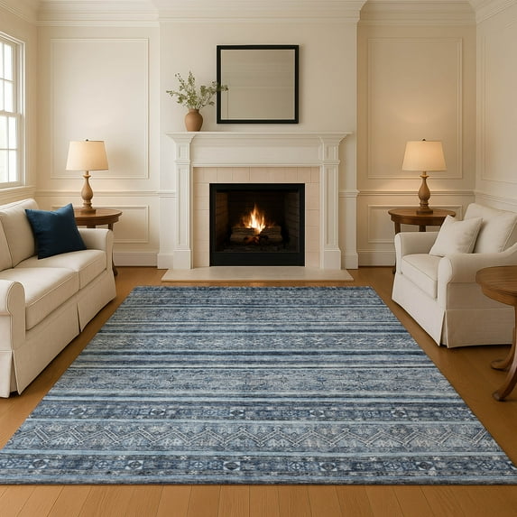 Addison Rugs Mayfield Premium Machine Washable Transitional Stripes Blue Rectangle Rug, 8' X 10' Machine Washable Transitional Stripes Blue Oversized Sherpa Throw Blanket