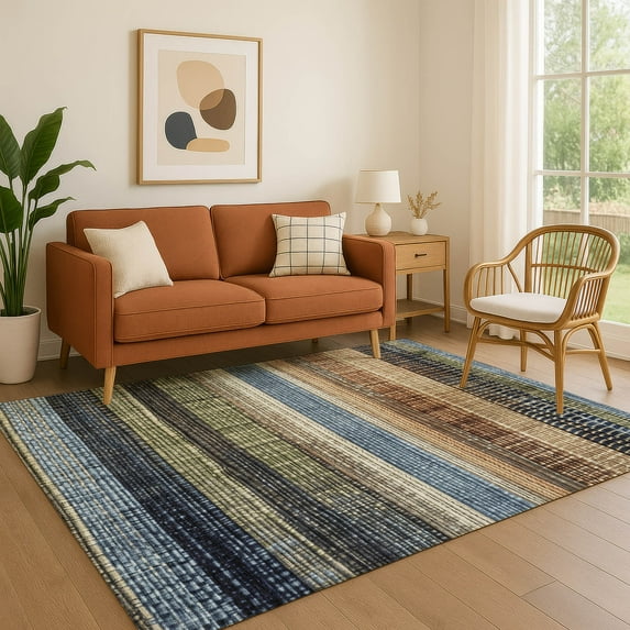Addison Rugs Mayfield Premium Machine Washable Transitional Stripes Blue Rectangle Rug, 9' x 12'