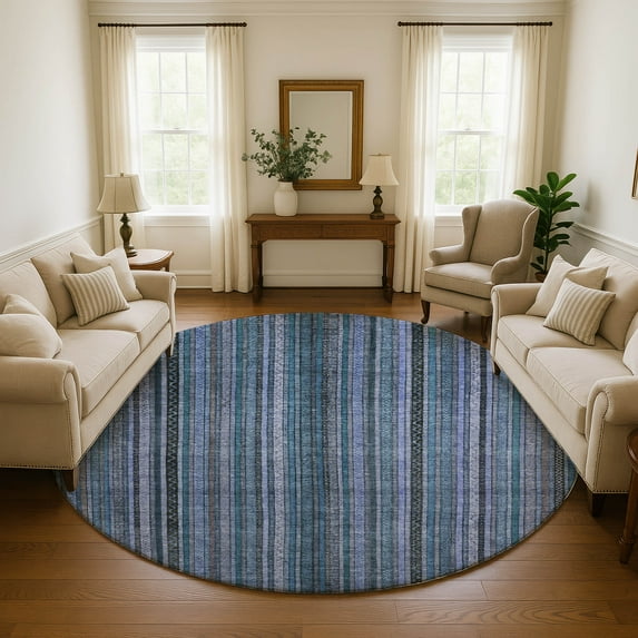 Addison Rugs Mayfield Premium Machine Washable Transitional Stripes Blue Round Rug, 8' X 8' Machine Washable Transitional Stripes Blue Oversized Sherpa Throw Blanket