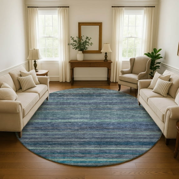 Addison Rugs Mayfield Premium Machine Washable Transitional Stripes Blue Round Rug, 8' X 8' Machine Washable Transitional Stripes Blue Oversized Sherpa Throw Blanket