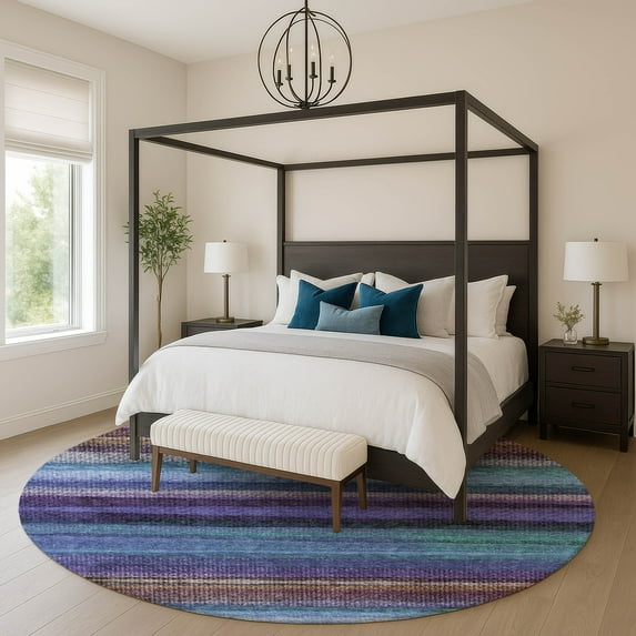 Addison Rugs Mayfield Premium Machine Washable Transitional Stripes Blue Round Rug, 8' X 8' Machine Washable Transitional Stripes Blue Oversized Sherpa Throw Blanket
