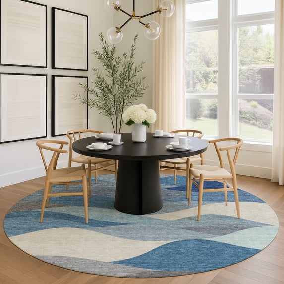 Addison Rugs Mayfield Premium Machine Washable Transitional Stripes Blue Round Rug, 8' x 8'