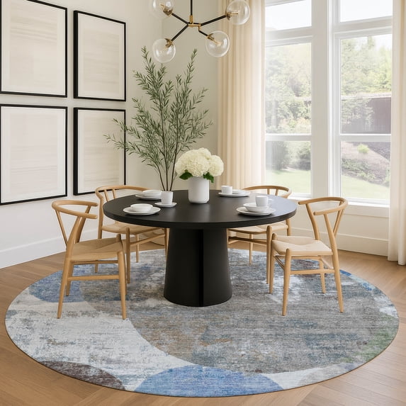 Addison Rugs Mayfield Premium Machine Washable Transitional Stripes Blue Round Rug, 8' x 8'