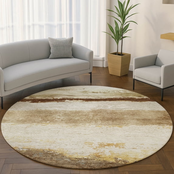 Addison Rugs Mayfield Premium Machine Washable Transitional Stripes Brown Round Rug, 8' x 8'