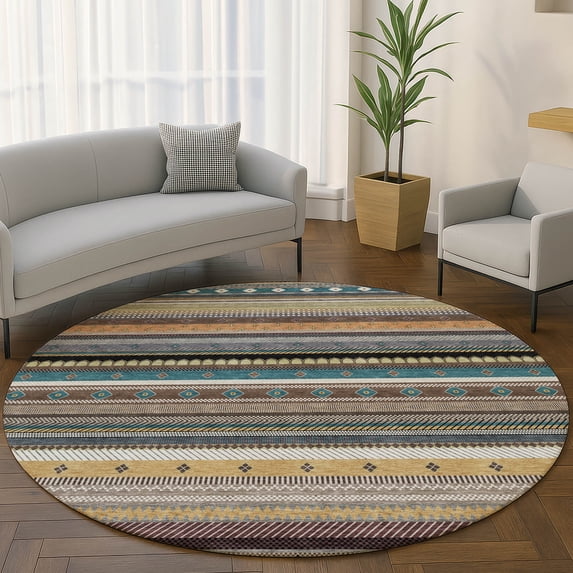 Addison Rugs Mayfield Premium Machine Washable Transitional Stripes Brown Round Rug, 8' x 8'