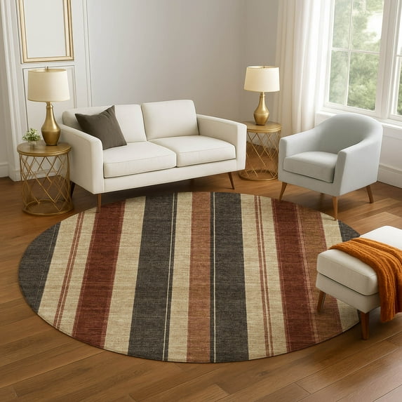 Addison Rugs Mayfield Premium Machine Washable Transitional Stripes Chocolate Round Rug, 8' x 8'