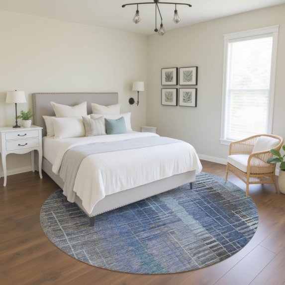 Addison Rugs Mayfield Premium Machine Washable Transitional Stripes Denim Round Rug, 8' x 8'