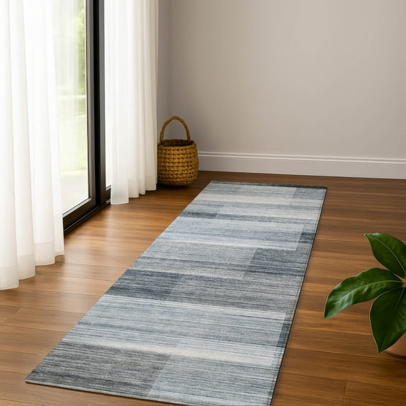 Addison Rugs Mayfield Premium Machine Washable Transitional Stripes Denim Runner Rug, 2'3" X 7'6" Machine Washable Transitional Stripes Denim Oversized Sherpa Throw Blanket