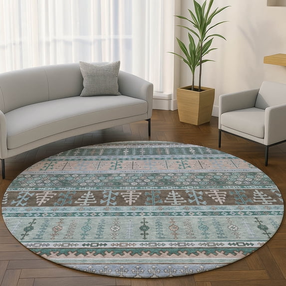 Addison Rugs Mayfield Premium Machine Washable Transitional Stripes Emerald Round Rug, 8' x 8'