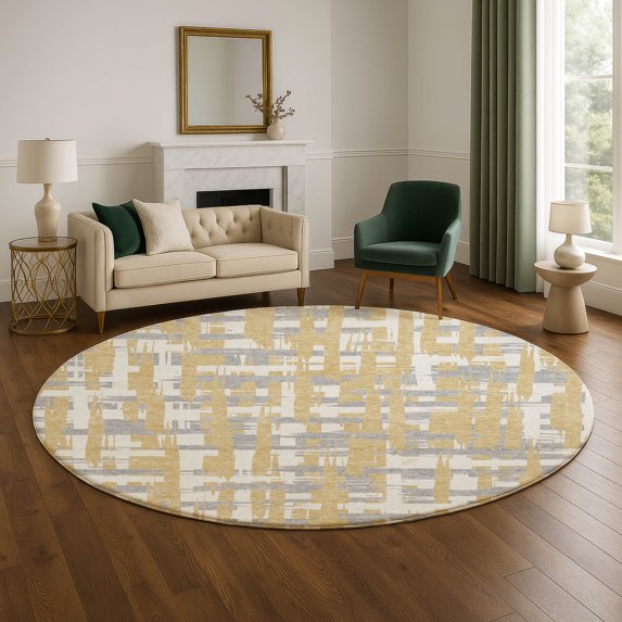 Addison Rugs Mayfield Premium Machine Washable Transitional Stripes Gold Round Rug, 8' x 8'
