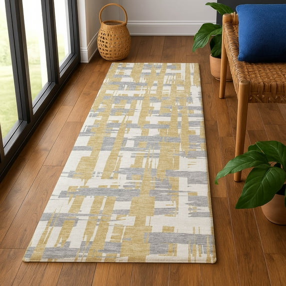 Addison Rugs Mayfield Premium Machine Washable Transitional Stripes Gold Runner Rug, 2'3" x 7'6"
