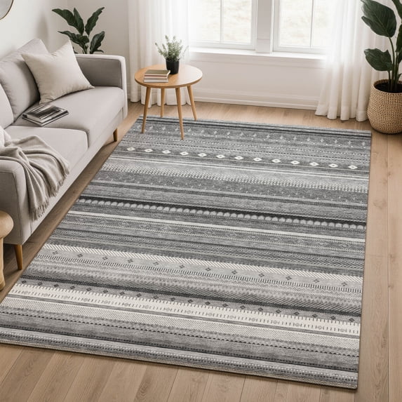 Addison Rugs Mayfield Premium Machine Washable Transitional Stripes Gray Rectangle Rug, 10' x 14'