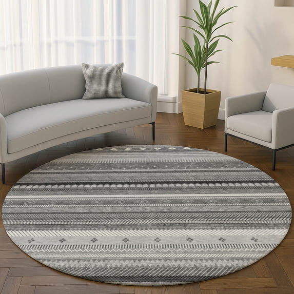 Addison Rugs Mayfield Premium Machine Washable Transitional Stripes Gray Round Rug, 8' x 8'